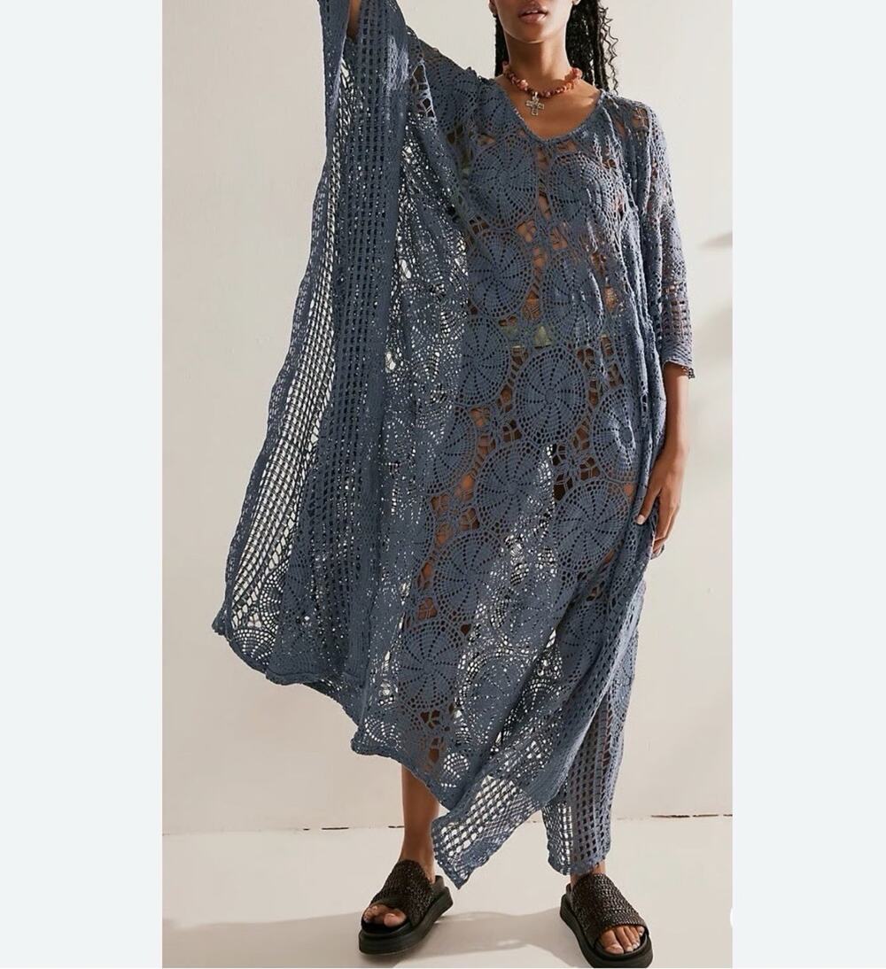 Jen's Pirate Booty Pixie Mykonos Kaftan Maxi Dress Coverup Crochet Lace OS Blue